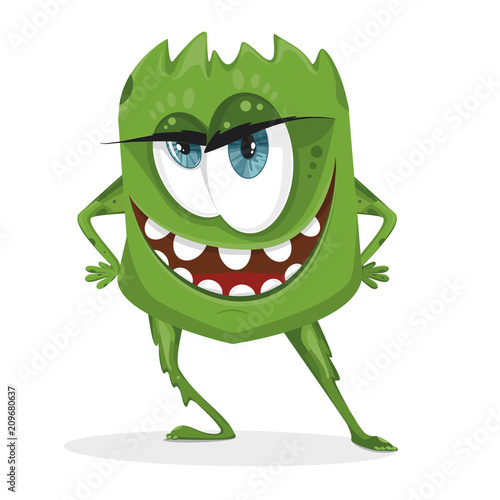 Cartoon green monster. Bacteria with large eyes, teeth, hands, feet. Microorganism on a white background. Charismatic virus.