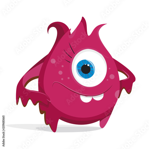 Cartoon pink monster. Bacteria with large eyes, teeth, hands, feet. Microorganism on a white background. Charismatic virus.