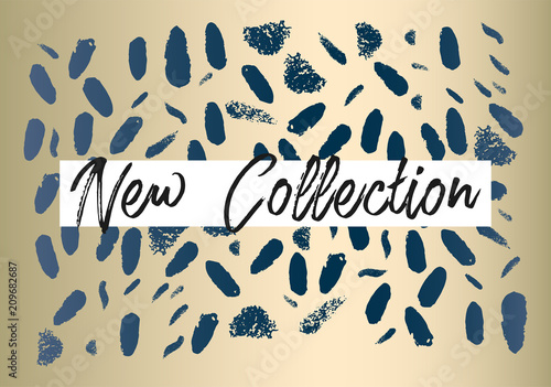 Pastel Abstract Brush stroke Confetti shapes on Gold background. New Collection fashion header or advertising banner template. Can use for invitation card, business card, wedding, seasonal clearance.