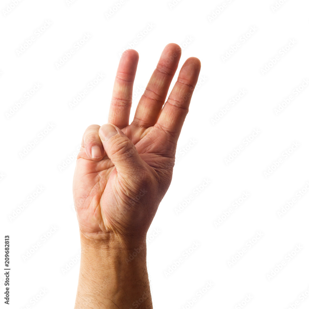 Adult male hand showing number three gesture isolated on white Adult male hand showing number three gesture isolated on white