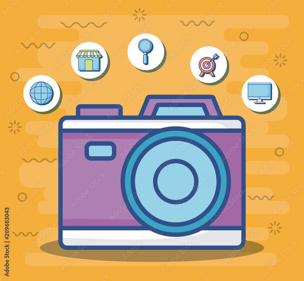 camera with digital marketing related icons around over orange background, colorful design. vector illustration camera with digital marketing related icons around over orange background, colorful design. vector illustration