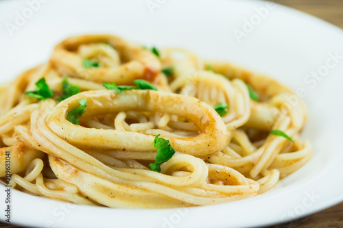 pasta with squid close-up