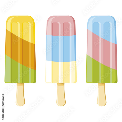 Tasty colorful ice cream set. Popsicle ice cream, ice lolly, with different topping isolated on white background. Vector illustration
