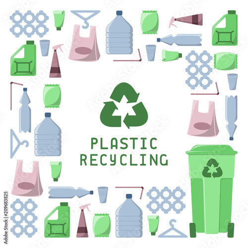 Plastic recycling illustration with garbage, dustbin and inscription. Flat style vector illustration