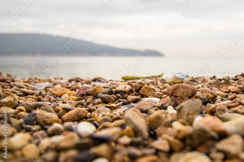 Background of colorful beach pebbles of different shape and size