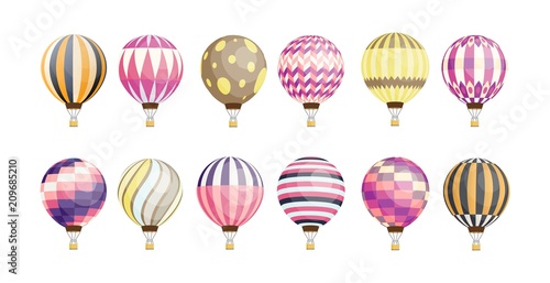 Collection of round hot air balloons of various pattern and color isolated on white background. Bundle of bright colored manned aircrafts. Colorful vector illustration in flat cartoon style.