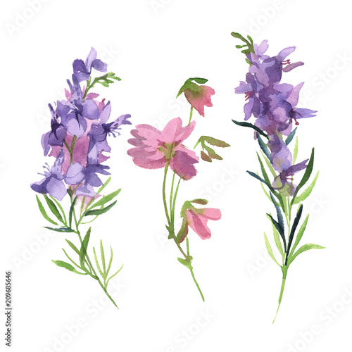 Watercolor green branch with pink and purple wildflower