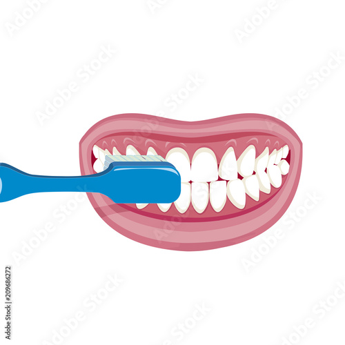 Vector image on a white background. how to brush your teeth rightly with a toothbrush. vector image on a white background. Healthy, white teeth. Open mouth , blue toothbrush. Mouth hy