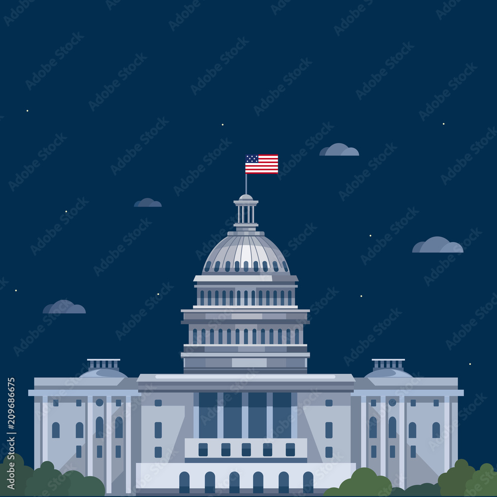 White house at night. vector flat illustration. Washington DC. icon