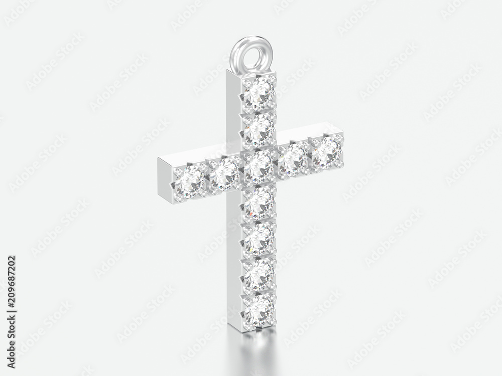 3D illustration white gold or silver decorative diamond cross pendant