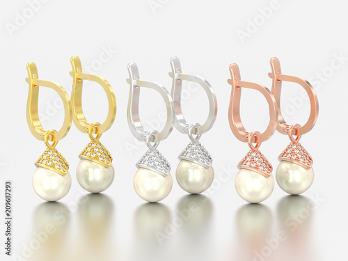 3D illustration three pair of yellow rose and white gold or silver pearl diamond earrings with hinged lock