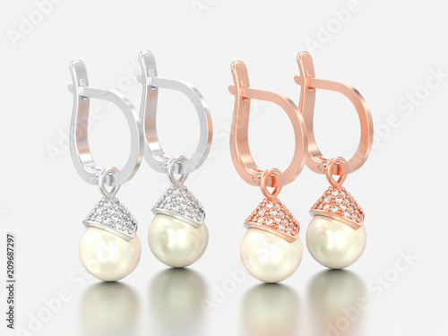 3D illustration two pair of rose and white gold or silver pearl diamond earrings with hinged lock