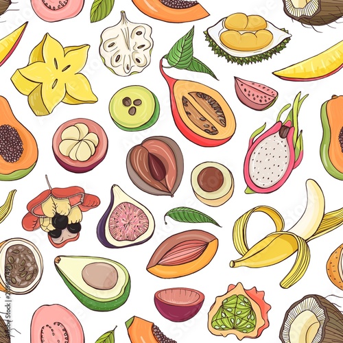 Decorative seamless pattern with cut or split fresh juicy exotic tropical fru...