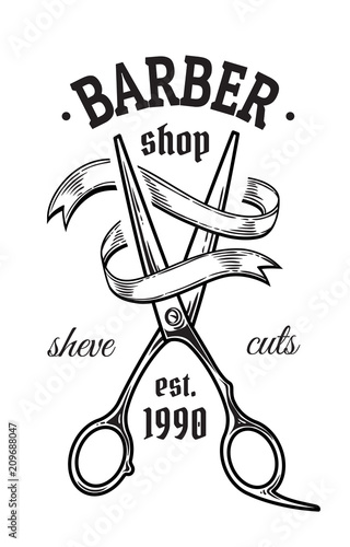 Set of vintage barbershop emblems labels badges logos scissors blade. Isolated on white background. Vector illustration