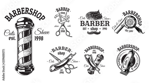 Set of vintage barbershop emblems labels badges logos scissors blade brush pole. Isolated on white background. Vector illustration