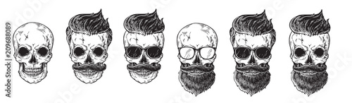 Set of bearded men faces, hipsters with different haircuts mustaches beards skull. Silhouettes emblems icons labels. vector illustration photo