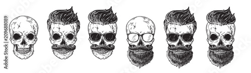 Set of bearded men faces, hipsters with different haircuts mustaches beards skull. Silhouettes emblems icons labels. vector illustration