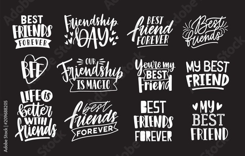 Set of friends and friendship phrases handwritten with calligraphic fonts. Collection of written lettering isolated on black background. Elegant design elements. Monochrome vector illustration. photo