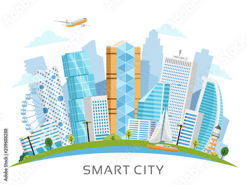 Smart city vector landscape with buildings, skyscrapers and river traffic arranged in arch