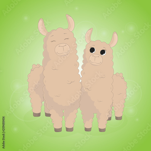 Cartoon llama. Cute lama. Alpaca. Card on colorful background. Vector photo