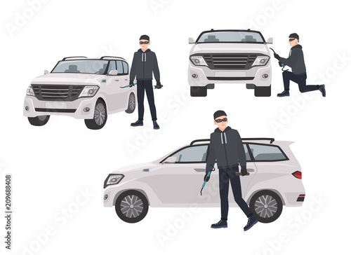 Set of hijacker wearing black clothes and mask standing beside car and trying to break into it. Male cartoon character committing crime isolated on white background. Vector illustration in flat style. photo