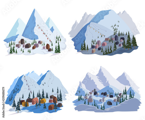 ski resort set. Beautiful landscapes with  mountains, houses, hotels, fir trees and ski lift. Vector illustration