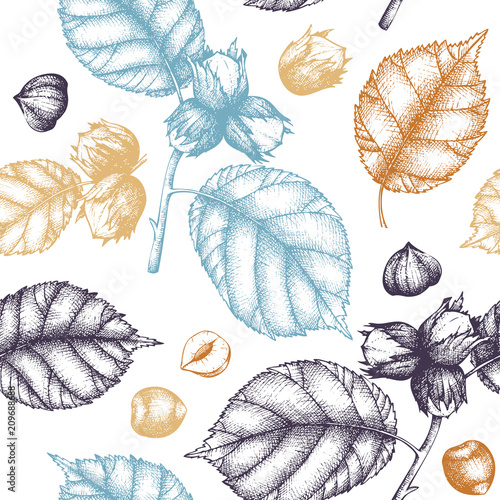 Vector background with hand drawn hazelnut illustration. Vintage nut sketch. Organic food seamless pattern.