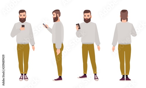 Cute smiling young hipster man with beard dressed in trendy clothes and holding smartphone. Flat male cartoon character isolated on white background. Front, side and back views. Vector illustration.