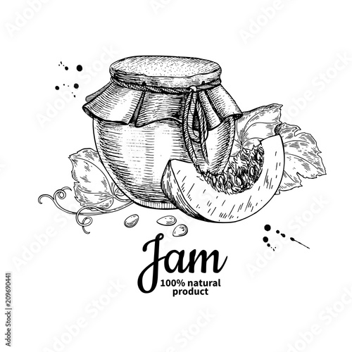 Pumpkin jam glass jar vector drawing. Jelly and marmalade.  Hand
