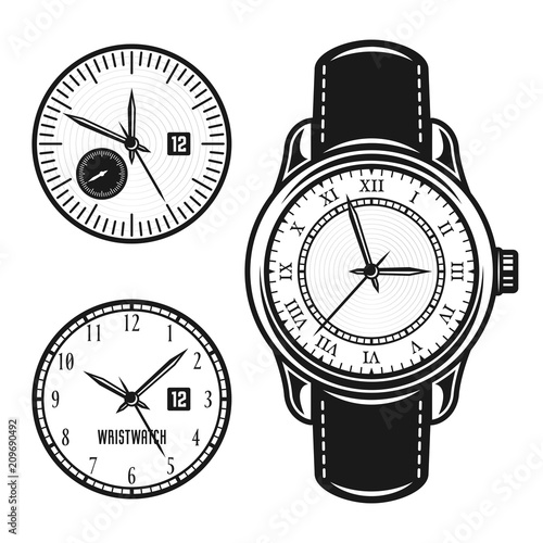 Wristwatch and two clock face vector objects