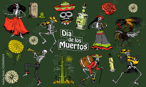 Day of the dead. Mexican national holiday. Original inscription in Spanish Dia de los Muertos. Skeletons in costumes dance, play the violin, trumpet and guitar. Hand drawn engraved sketch.