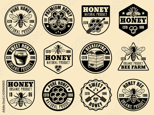 Honey monochrome vector badges, emblems, labels