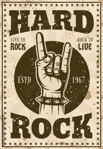 Rock music vintage poster with horns hand vector