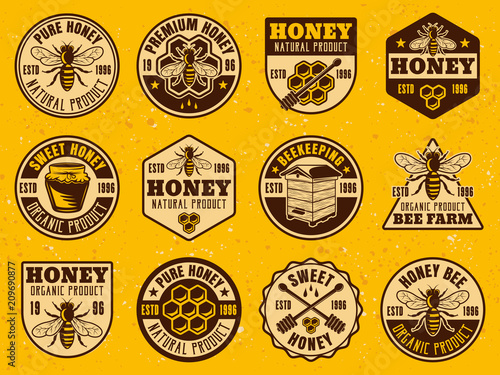 Honey colored bright badges, stickers, emblems