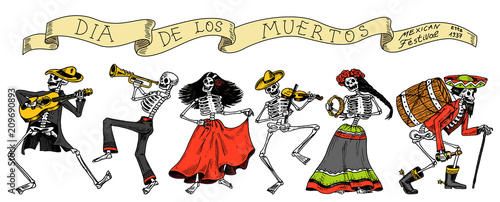 Day of the dead. Mexican national holiday. Original inscription in Spanish Dia de los Muertos. Skeletons in costumes dance, play the violin, trumpet and guitar. Hand drawn engraved sketch.
