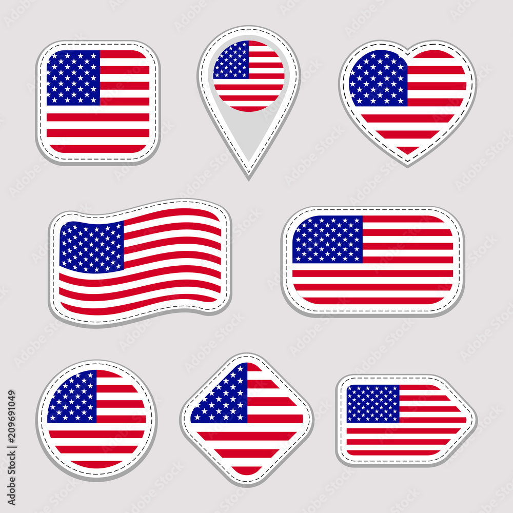 The USA flag vector set. American national flags stickers collection. Vector isolated geometric icons. Web, sports pages, patriotic, travel, school, geographic design elements. Different shapes The USA flag vector set. American national flags stickers collection. Vector isolated geometric icons. Web, sports pages, patriotic, travel, school, geographic design elements. Different shapes