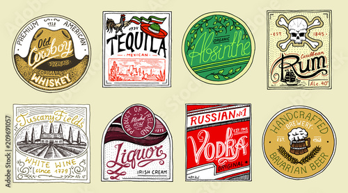 Vintage American badge. Absinthe Tequila Vodka Liqueur Rum Wine Strong whiskey Beer. Alcohol Label with calligraphic elements. Frame for poster banner. Hand drawn engraved lettering for t-shirt.