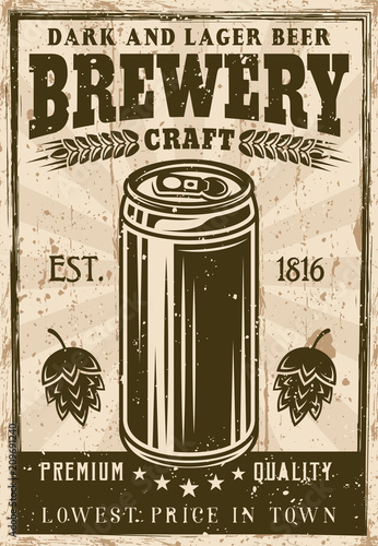 Brewery vintage poster with beer can vector