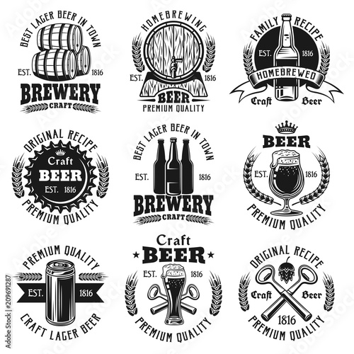 Beer nine vector black emblems, badges, labels