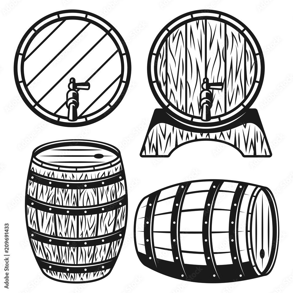 Wooden barrels four style vector illustration Wooden barrels four style vector illustration
