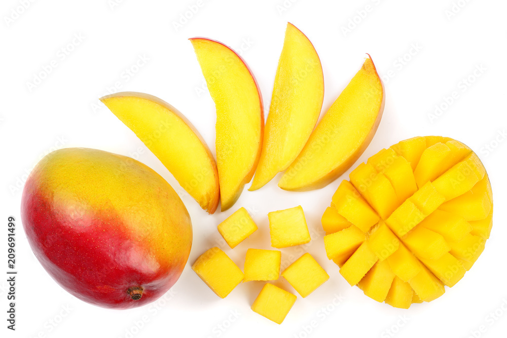 Mango fruit and slices isolated on white background close-up. Top view. Flat lay Mango fruit and slices isolated on white background close-up. Top view. Flat lay