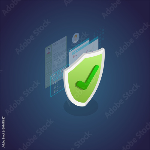 Authentication and protection concept. Isometric shield and secure private data, browser window and passwords secured with shield. Data security protection concept banner.