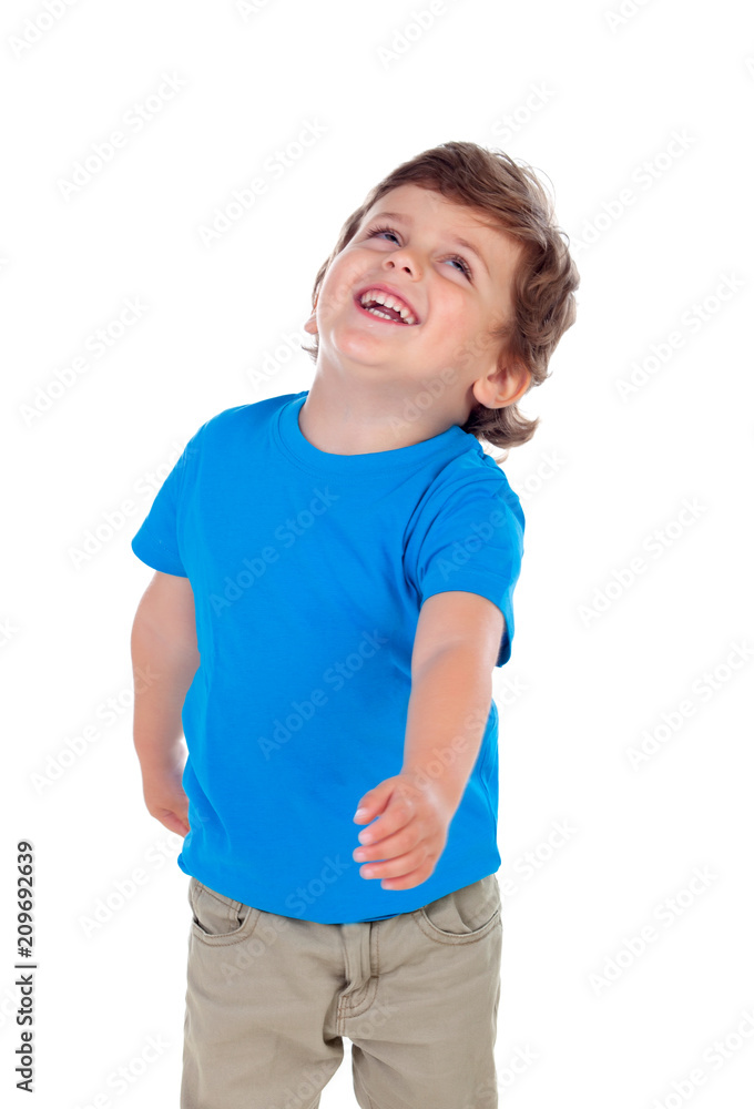 Beautiful little child two years old wearing blue t-shirt moving his arms Beautiful little child two years old wearing blue t-shirt moving his arms