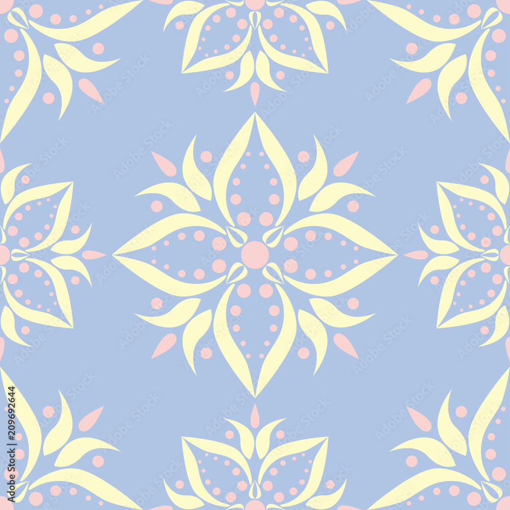 Fototapeta premium Floral seamless pattern. Pale blue background with beige and pink flower elements