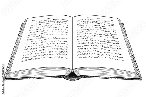 Vector artistic pen and ink drawing illustration of old open book with undefined abstract handwritten text.