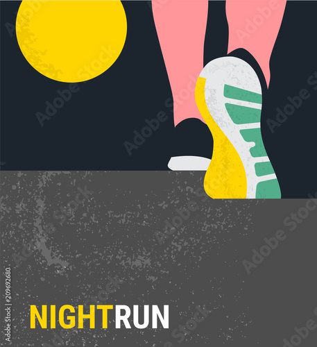 athlete runner feet running or walking on road . running poster template. closeup illustration vector. nigth run marathon