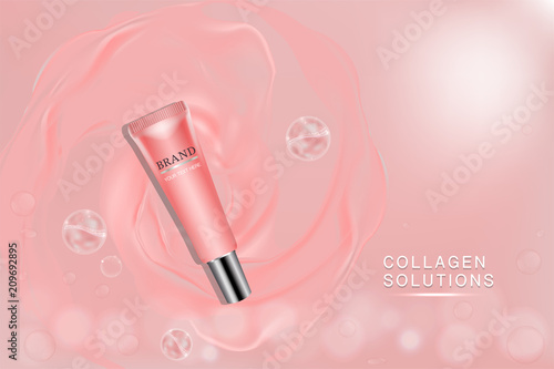 Beauty product, pink cosmetic container with advertising background ready to use, luxury skin care ad, vector illustration.