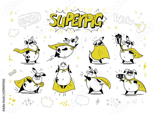 Vector collection of pig super hero hand drawn characters isolated on white background. Comic style. Outline drawing. Perfect for banners, cards, prints, package design, children's room interior decor