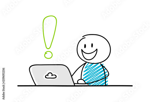 Funny stickman working on laptop - concept with exclamation point icon. Vector.