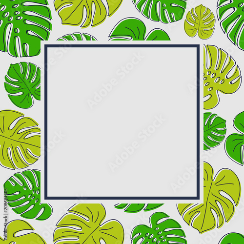 Background with hand drawn tropical leaves nad copyspace. Vector.